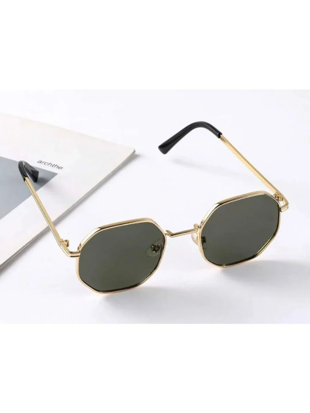 Unisex Octagonal Gold Metal Frame Green Lens Sunglasses